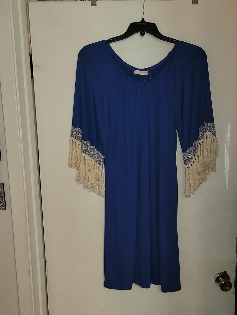 Midi Dress with Cream Fringe Trim in Blue